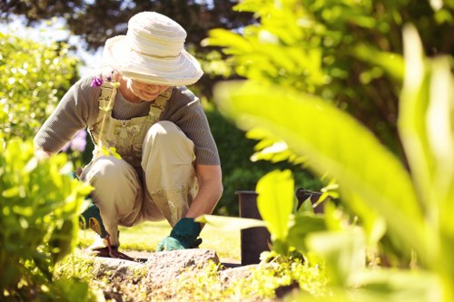 Illustration of a gardener reviewing a service complaint in a tidy garden setting